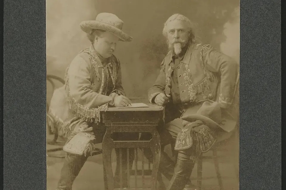 Deux hommes en vestes à franges en peau assis de part et d'autre d'une petite table, plume en main, signant un contrat vers 1908